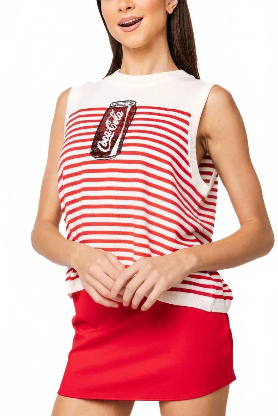 NEW QUEEN OF SPARKLES licensed coca cola knit tank top in white and red striped